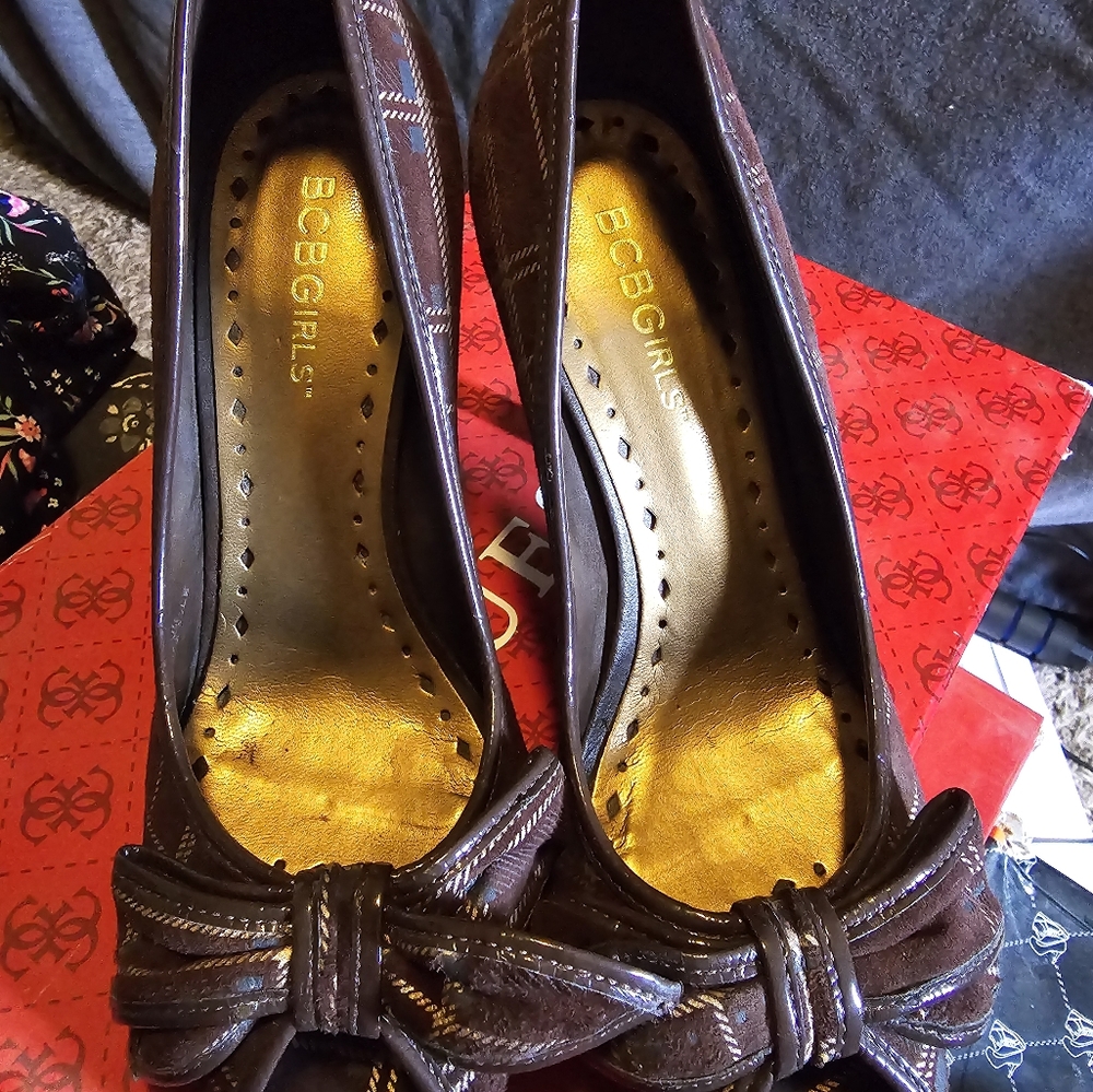 BCB Girls chocolate brown plaid heels